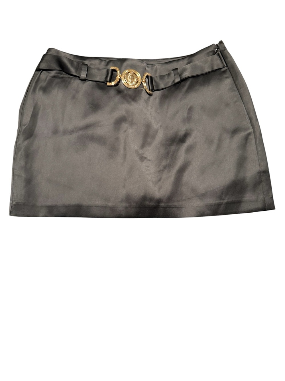 Commense Black Satin Mini Skirt with Gold Buckle